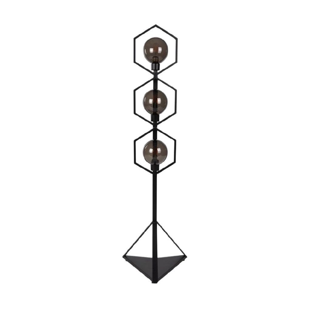 **Technische titel in het Nederlands: Moderne hexagonale vloerlamp met drie glazen bollen**